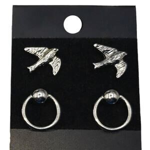 5/10  2 pair of silver tone dove bird and circle earrings